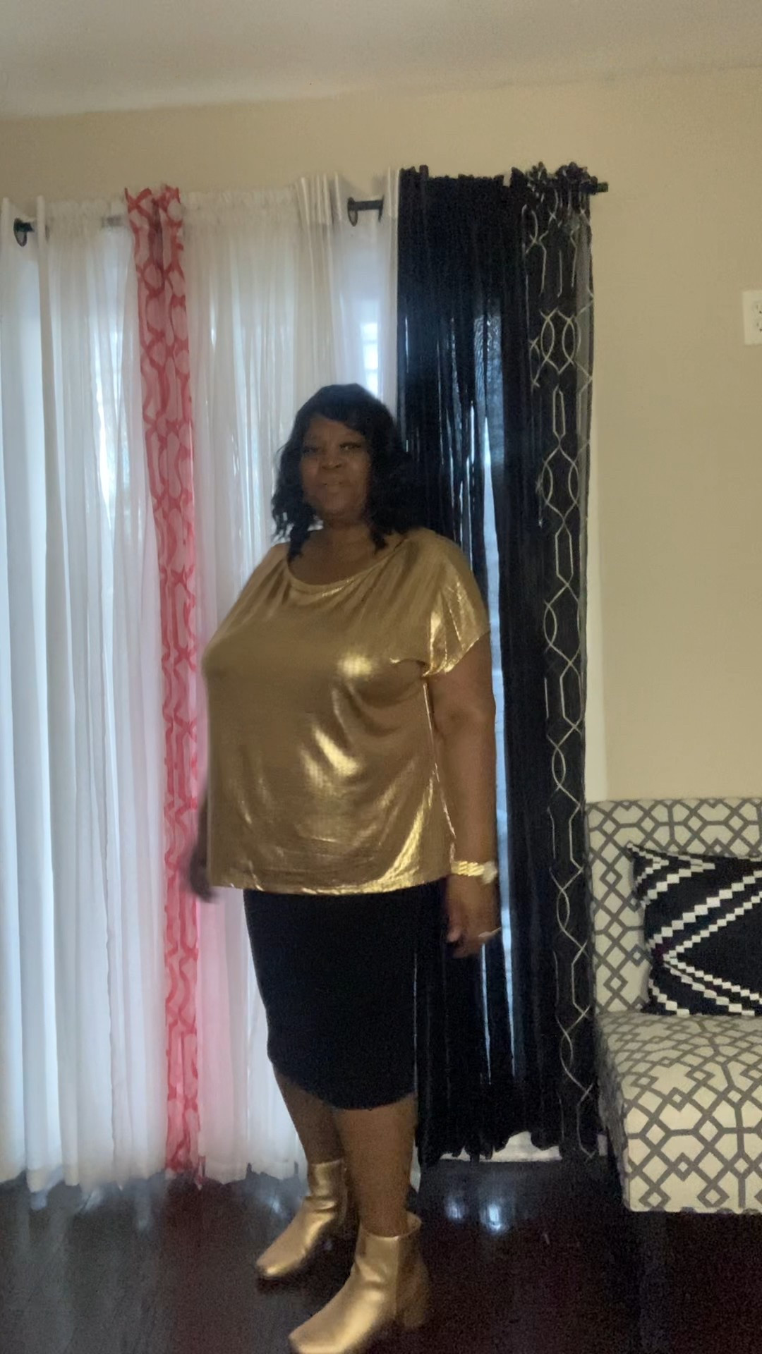 Plus size gold top with black skirt and gold boots perfect for New Years Eve. 

#LTKootd #LTKHoliday #LTKPlusSize