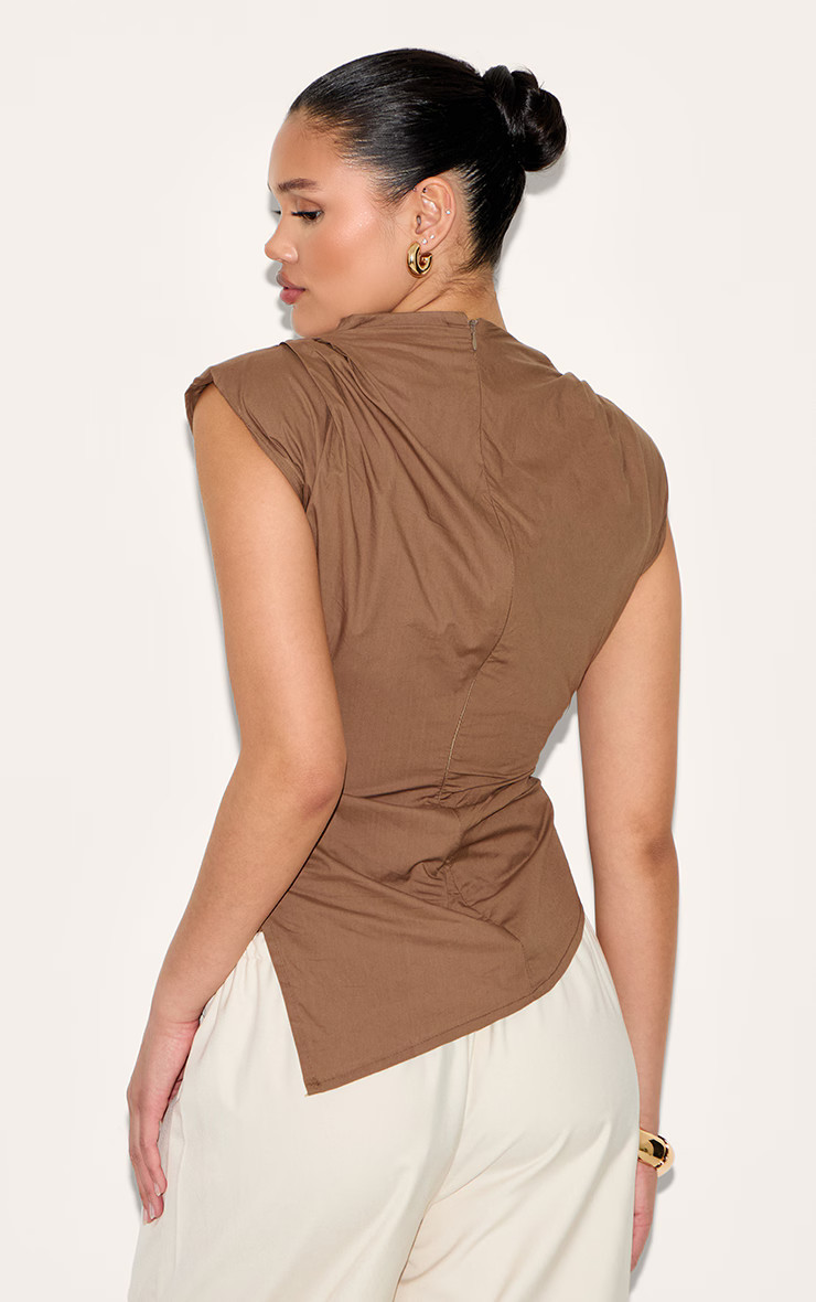 Brown Woven Shoulder Detail Asymmetric Hem Long Top | PrettyLittleThing UK