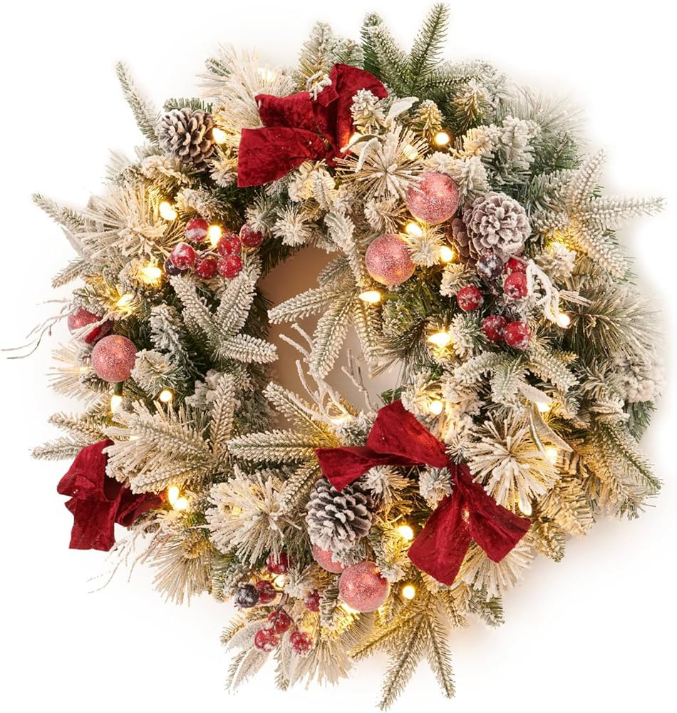 AMERZEST Pre-lit Snow Christmas Wreath with Red Balls,Berries and Bows,24 Inch 50 Battery Operate... | Amazon (US)