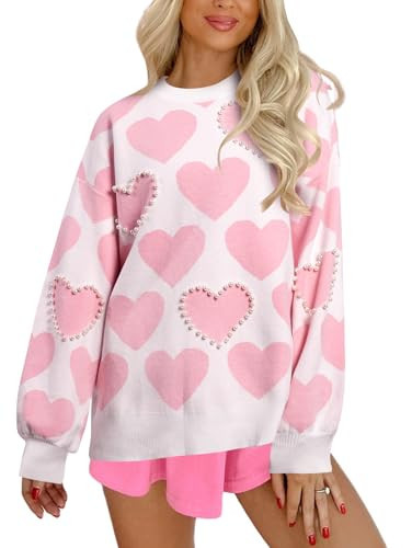 UNIQUEONE Valentines Sweater Women Love Sweatshirt Heart Graphic Knit Sweaters Romantic Valentine Day Oversized Crewneck Tops Pink | Amazon (US)
