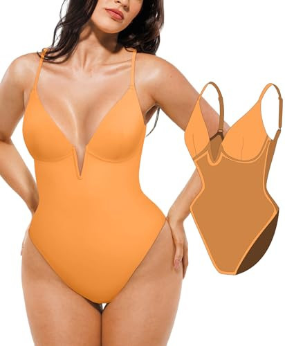 Popilush Tummy Control Swimsuits for Women Shapewear One Piece Underwire Swimsuit Deep V Neck Bathing Suits Summer Beach Pool Vacation Orange | Amazon (US)