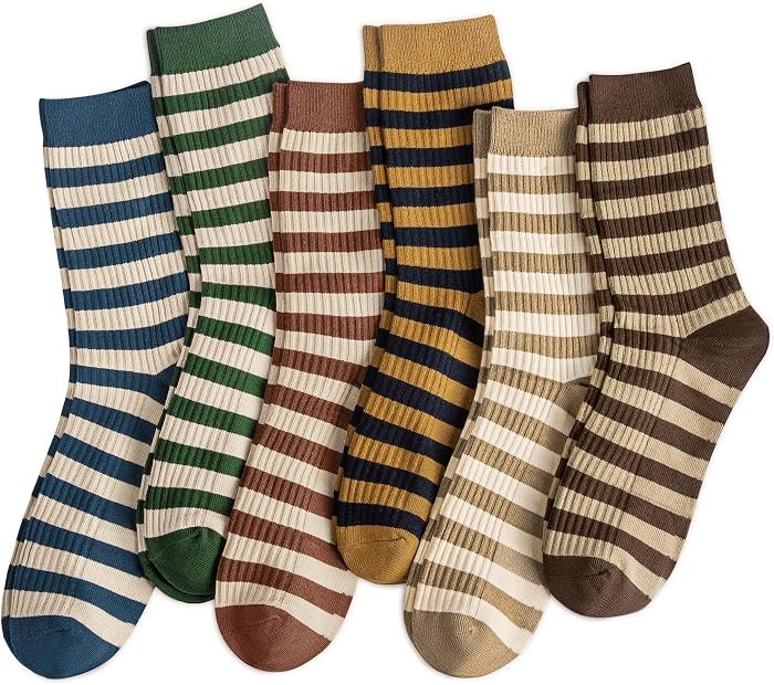 Justay 6 Pairs Womens Striped Crew Socks, Long Tube Cotton Socks for Women | Amazon (US)
