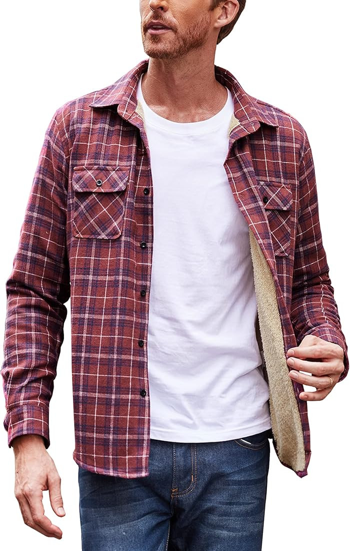 COOFANDY Men's Long Sleeve Lined Flannel Shirt Jacket Button Up Fleece Plaid Shirt | Amazon (US)