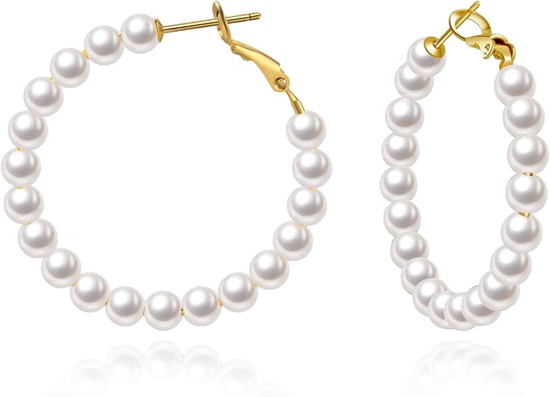 5MM Thick Pearl Hoop Earrings for Women, Lightweight Pearl Earrings with 925 Sterling Silver Post... | Amazon (US)