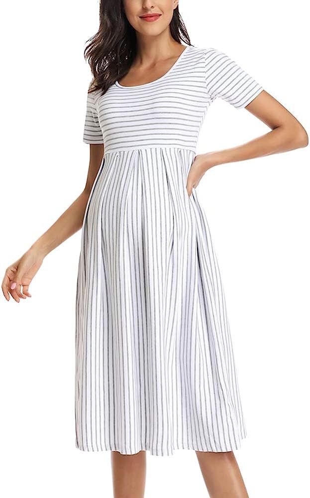 Women’s Casual Striped Maternity Dress Short&3/4 Sleeve Knee Length Pregnancy Clothes for Baby ... | Amazon (US)