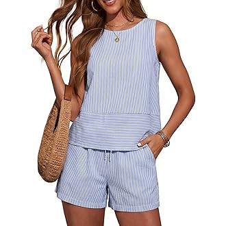 Amazon.com: ANRABESS Womens 2 Piece Outfits Striped Summer Casual Sleeveless Tank Top Matching Sh... | Amazon (US)