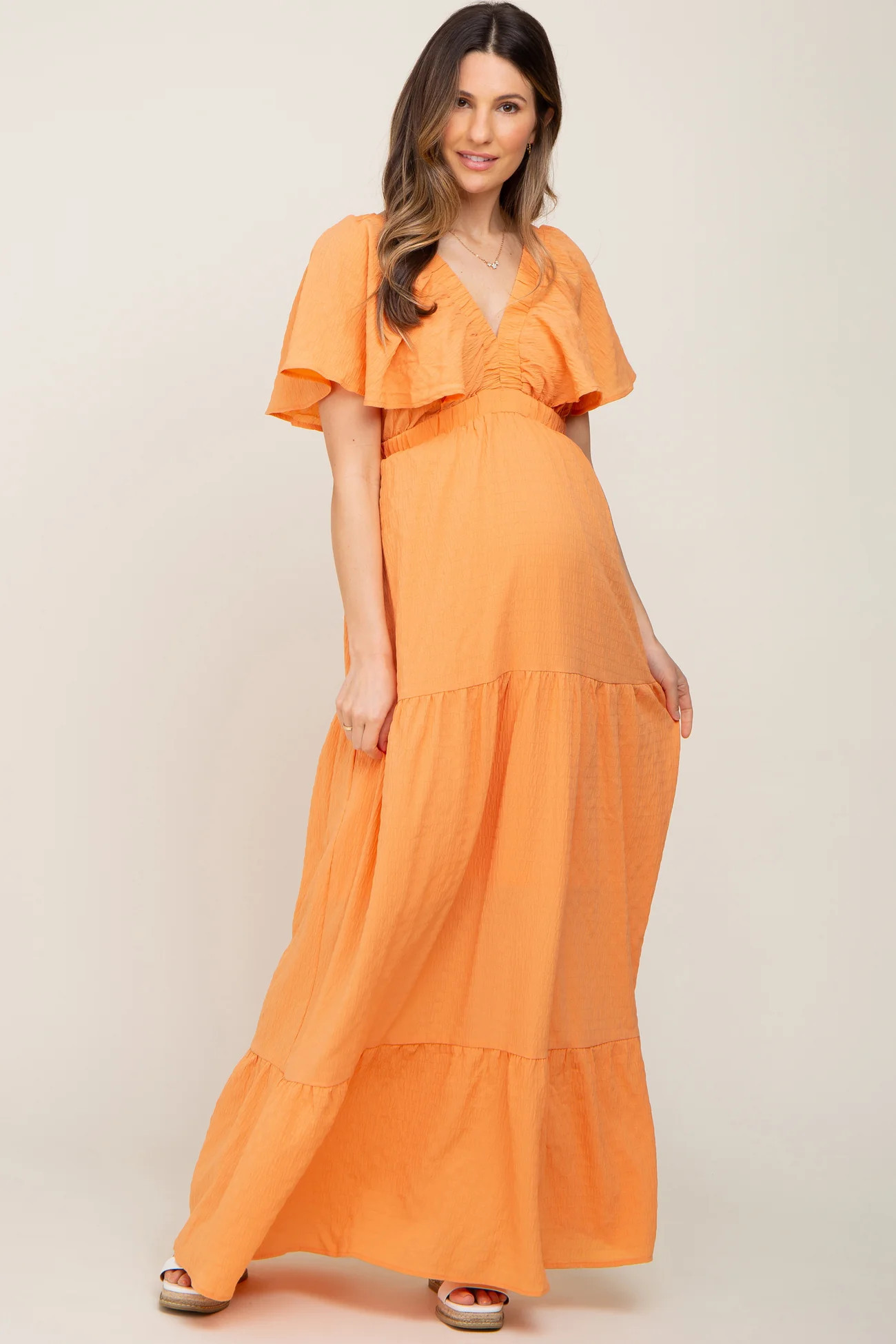 Orange Crepe Flounce Sleeve Tiered Maternity Maxi Dress | PinkBlush Maternity