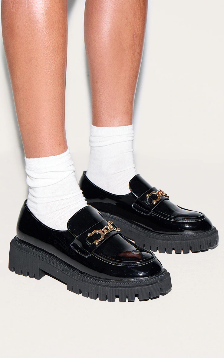 Black PU Round Toe Chunky Sole Chain Loafers | Footwear | Pretty Little Thing (Australia & New Zealand)
