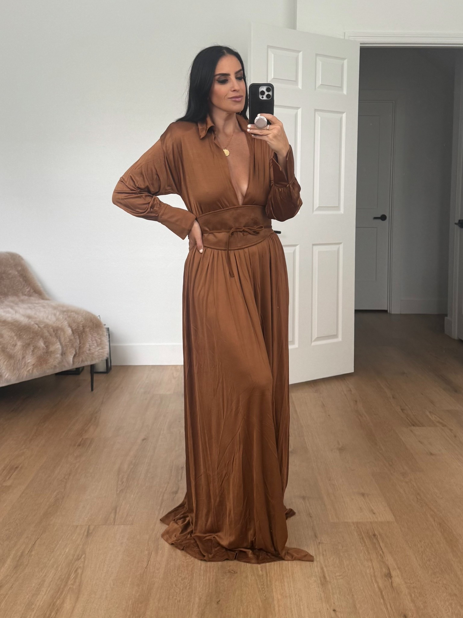 Collar Long Sleeve Satin Gown wearing size small. 