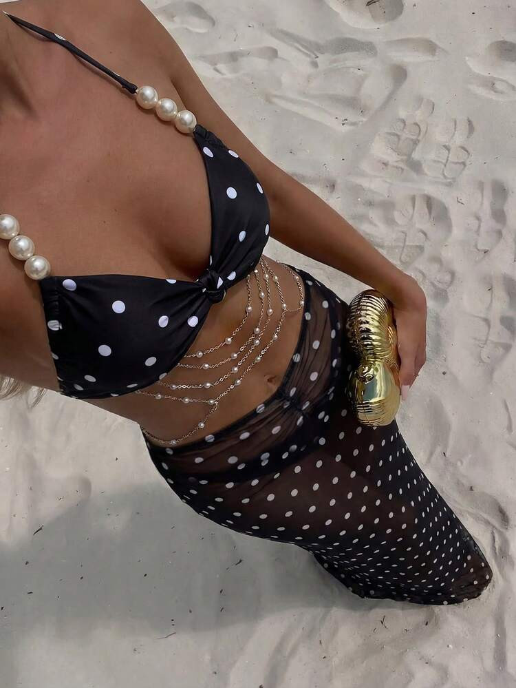 Swim SXY 3pcs/Set Spring & Summer Holiday Random Print Coffee Color AsymmetricalPearl Decor Bande... | SHEIN