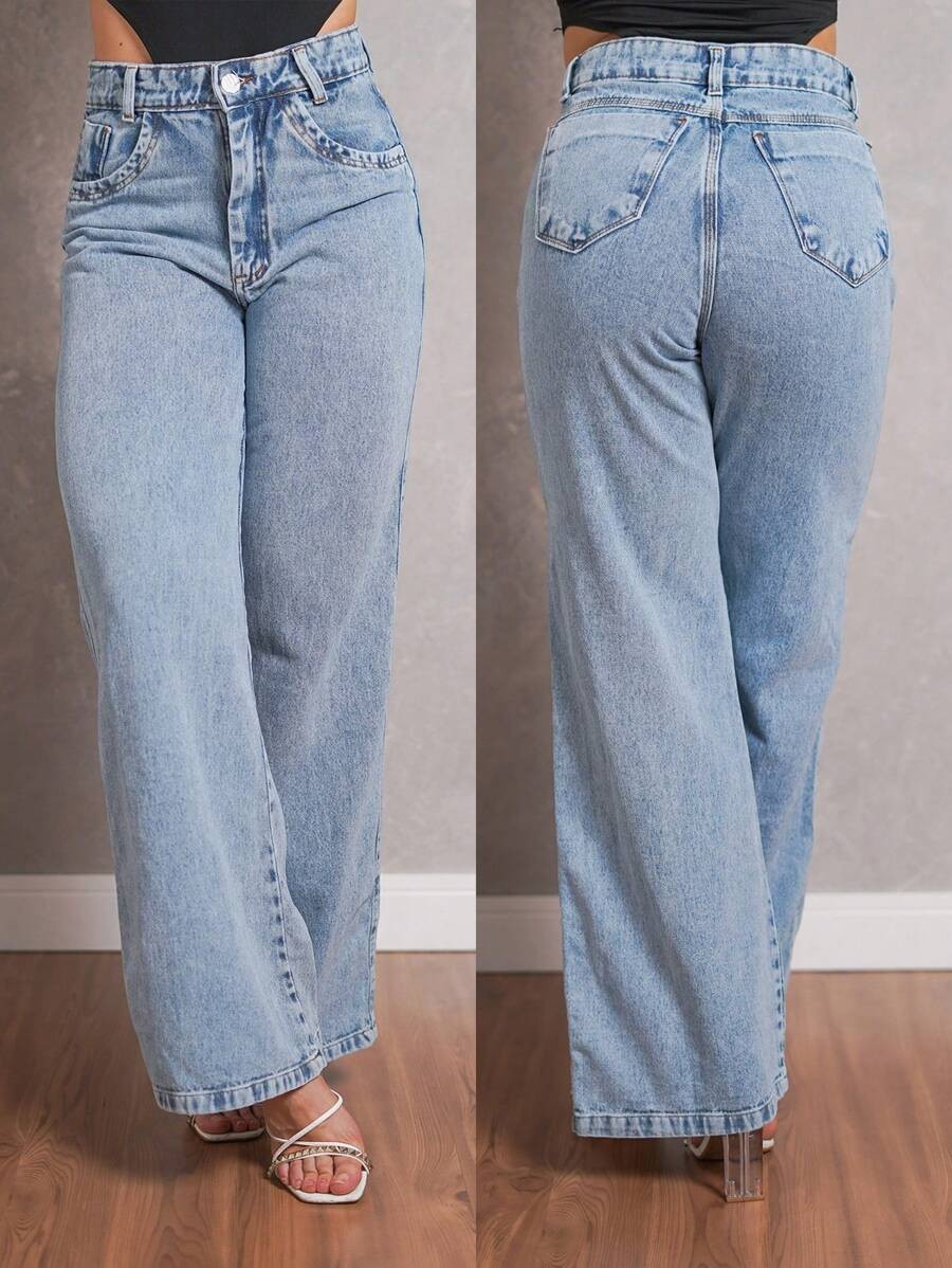 Calça Jeans Feminina Wide Leg Pantalona Cintura Alta Marmorizada Sem Lycra Boca Larga Premium So... | SHEIN
