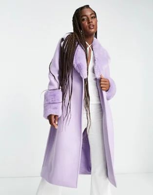 Ever New faux fur collar coat with cuffs in lilac | ASOS (Global)
