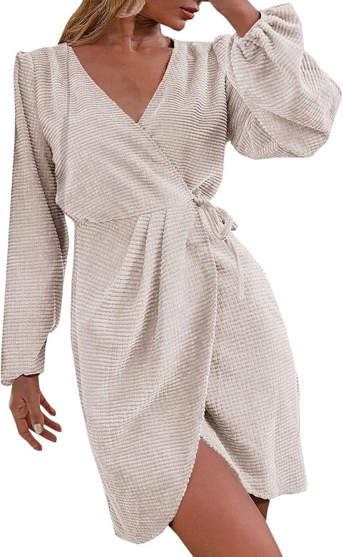 Sundress Women's Casual Dress Fashion Long Sleeve Corduroy Mini Dress V-Neck Solid Color Dress Mi... | Amazon (US)