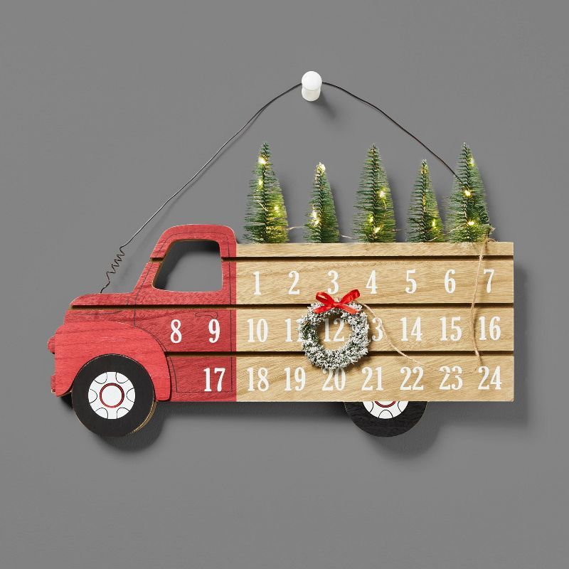12.5" Battery Operated Lit Wood Truck Hanging Christmas Advent Calendar Red/Brown - Wondershop™ | Target