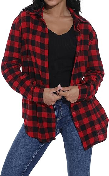 GUANYY Women's Classic Plaid Button Down Shirt - Loose Fit and Long Sleeves | Amazon (US)
