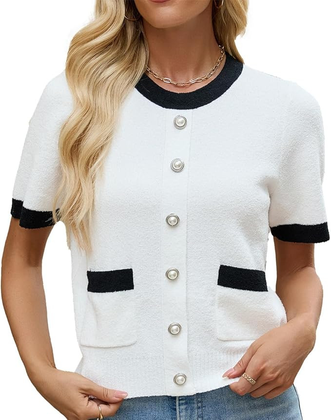 Women's Short Sleeve Sweater Summer Crew Neck Cropped Color Block Tops Casual Knit Shirts with Po... | Amazon (US)