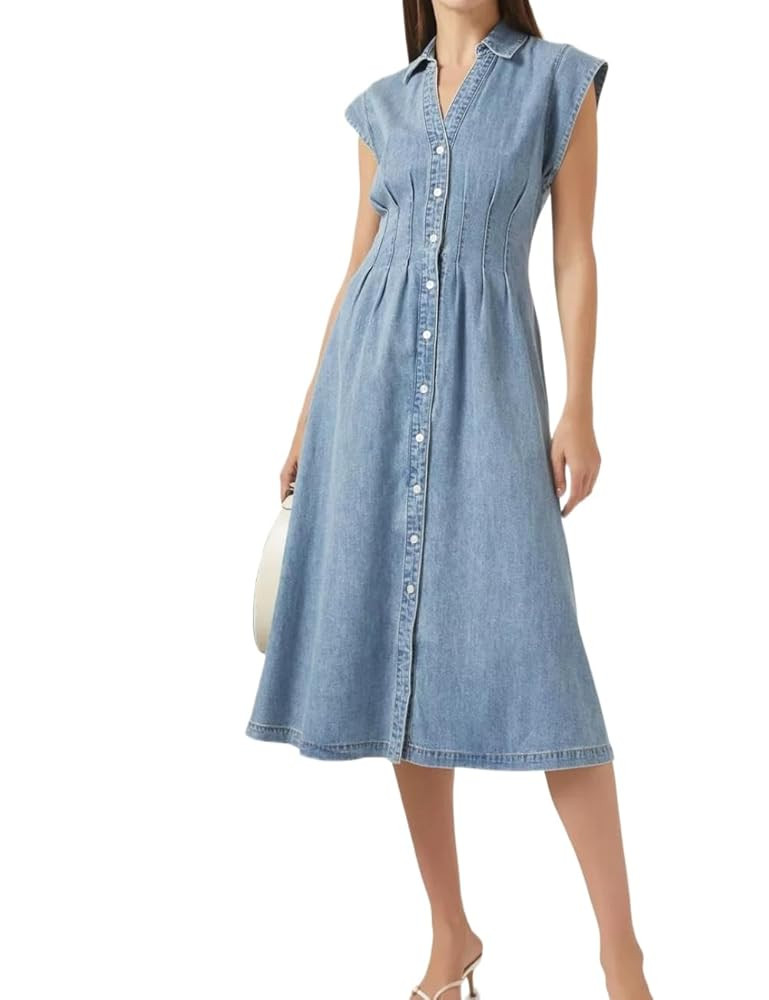 Women's Summer Denim Shirt Dress Lapel V Neck Cap Sleeve Jean Dress Button Down A-Line Long Dress... | Amazon (US)