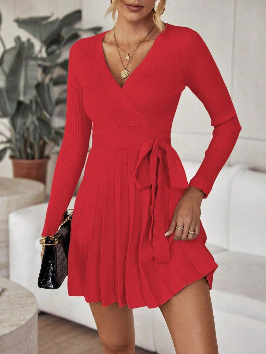 SHEIN Clasi Solid Color V-Neck Criss-Cross Wrap Knotted Pleated Elegant Long Sleeve Sweater Dress... | SHEIN