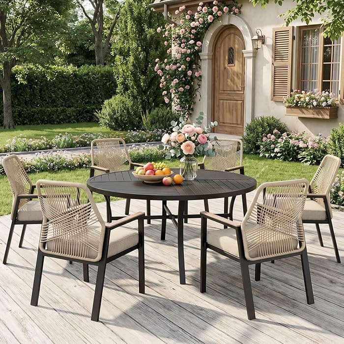 MIXPATIO 7 Pieces Round Outdoor Dining Set for 6, Patio Dining Set Wicker Rattan Chairs with Soft... | Amazon (US)
