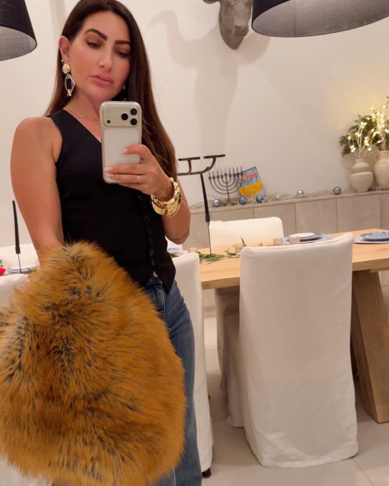 Otd bday #furbag #vest #framedenim #yslearrings ! The new ysl earrings!! 

#LTKGiftGuide #LTKootd #LTKSeasonal