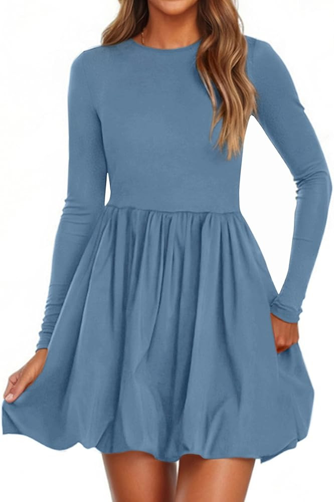 PRETTYGARDEN Fall Dresses for Women 2025 Casual Long Sleeve Bubble Cute Crew Neck A Line Mini Sho... | Amazon (US)