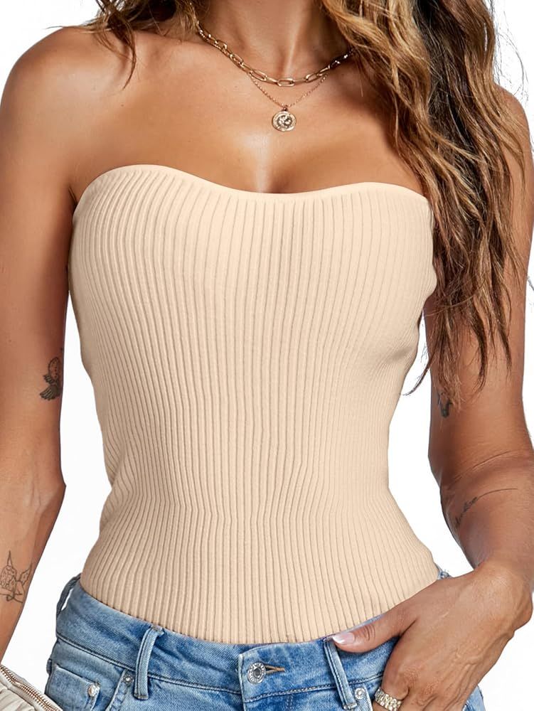 LYANER Women's Sexy Rib Knit Stretch Strapless Bustier Tube Cami Tank Club Corset Top | Amazon (US)