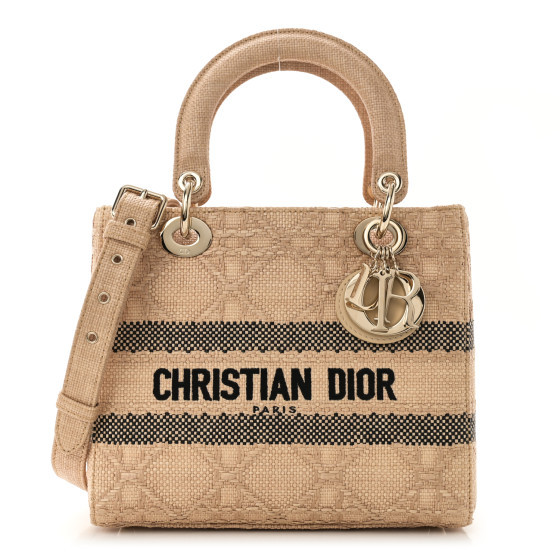 Raffia Woven Cannage Embroidered Medium Lady D-Lite Natural Black | FASHIONPHILE (US)