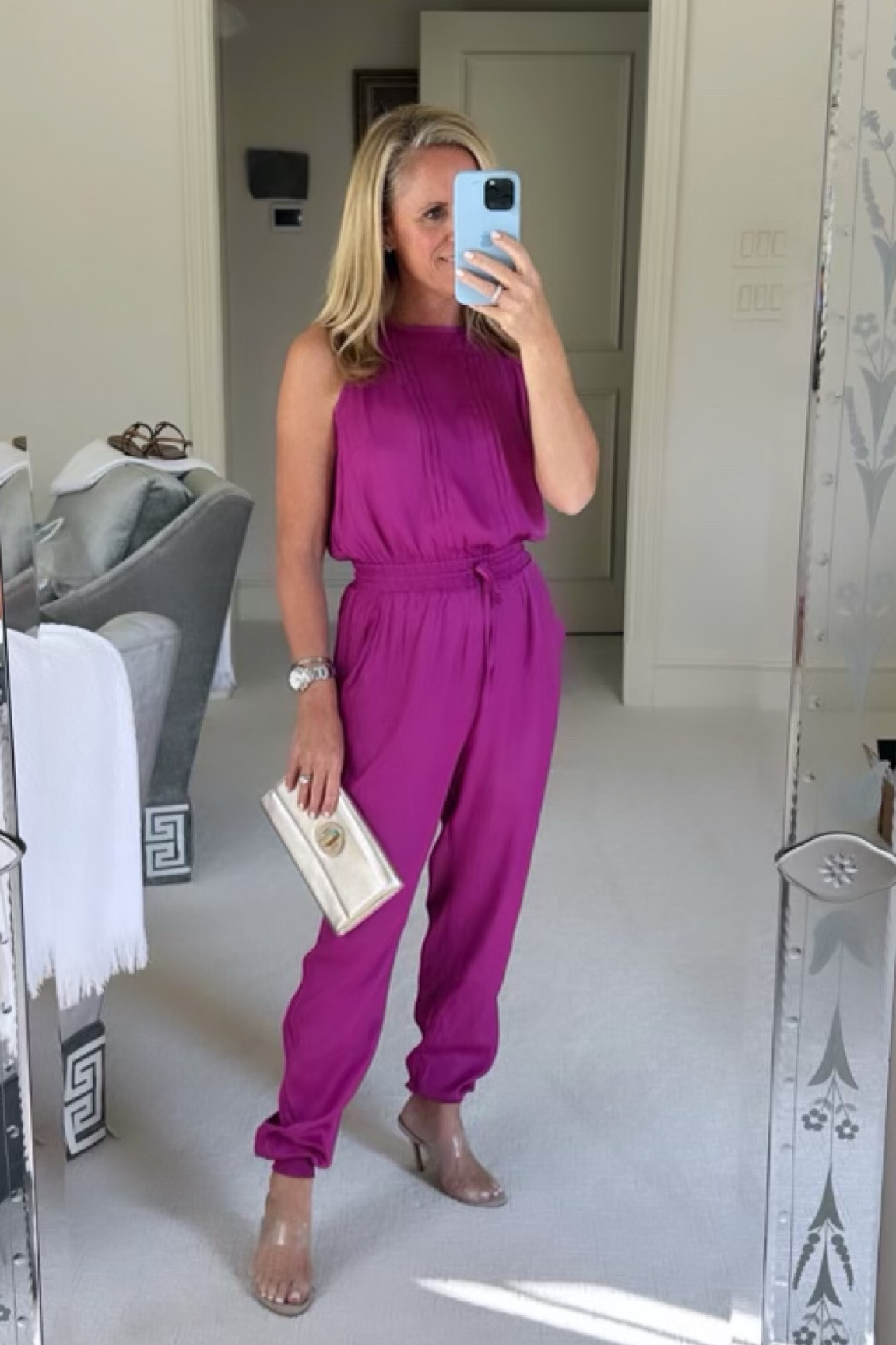Darling silky jumpsuit from Avara for the easiest fall  outfit in a beautiful berry color!

Avara Natalie jumpsuit
Transparent nude mule sandal 
Gold clutch 


#LTKfindsunder100 #LTKSeasonal #LTKover40
