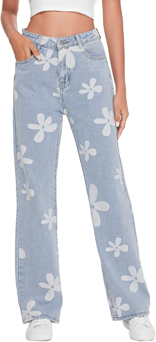 MakeMeChic Women's Floral Print High Waist Wide Leg Jeans Long Denim Pants | Amazon (US)
