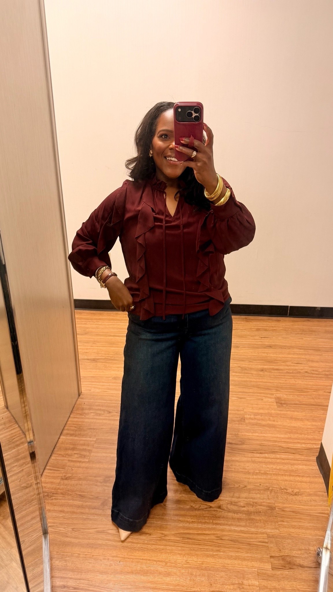 Casual Fall style inspo from @Belk! Wearing a m in the burgundy ruffle blouse and a size 12 petite in the jeans. 👖