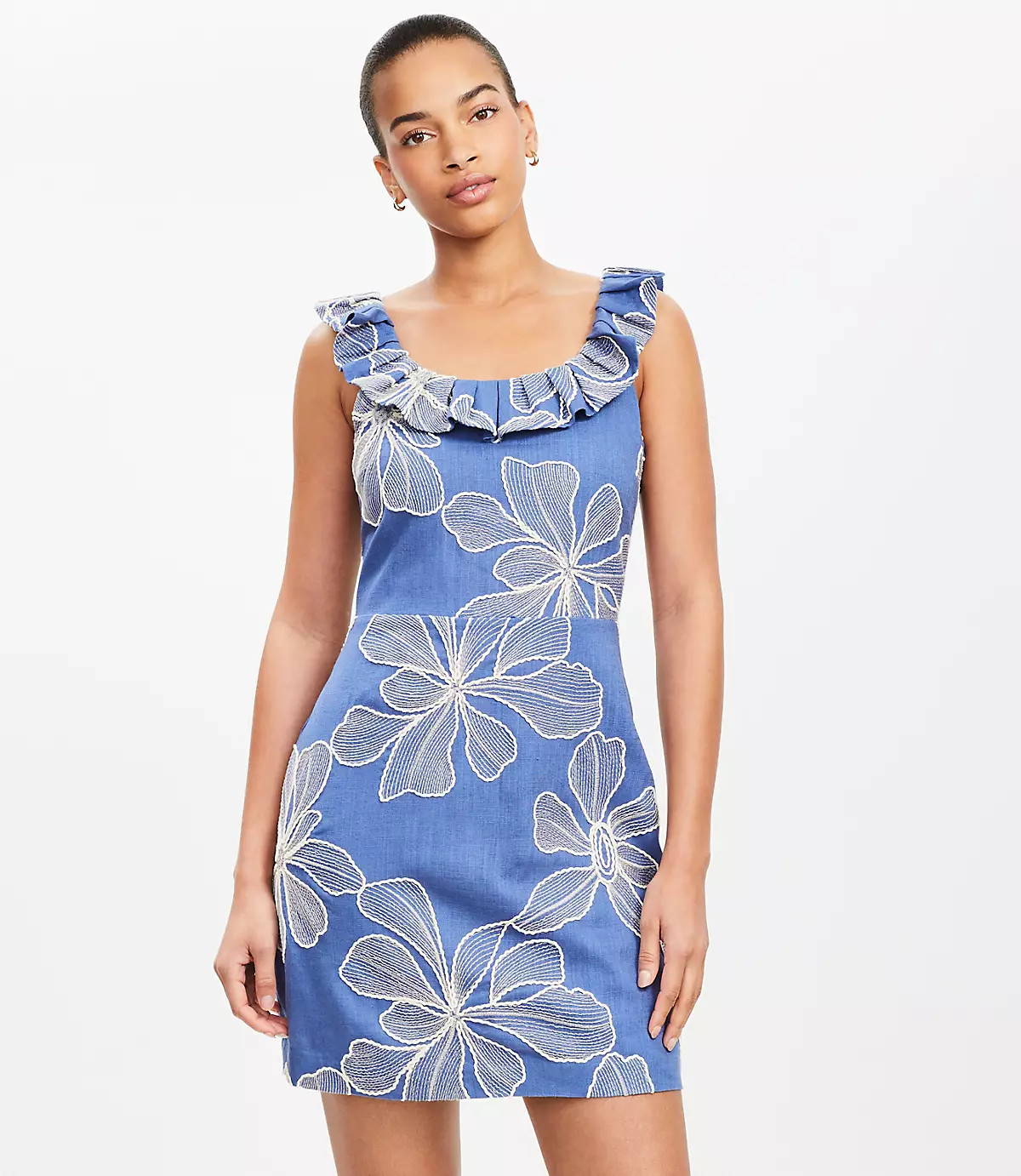 Floral Embroidered Ruffle Neck Mini Dress | LOFT