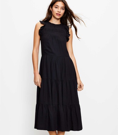 Click for more info about Striped Pintucked Ruffle Midi Dress | LOFT