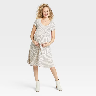 The Nines by HATCH™ Short Sleeve Jersey Maternity Dress Ivory Striped | Target