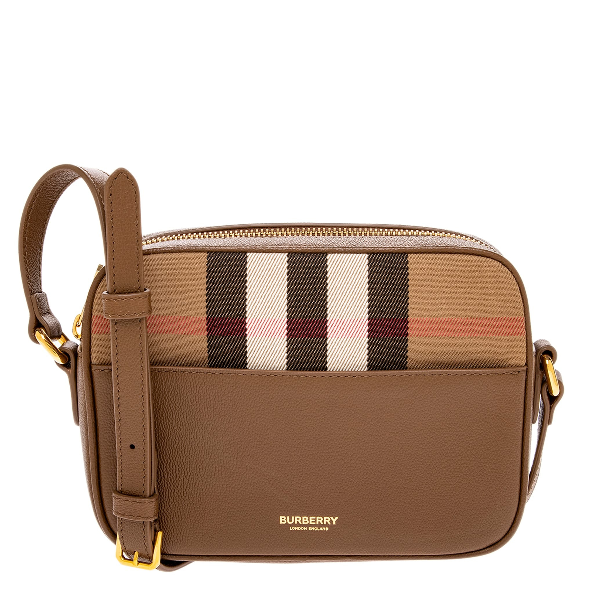 Burberry Small House Check & Leather Camera Bag - Earth + Taupe Check | Overstock