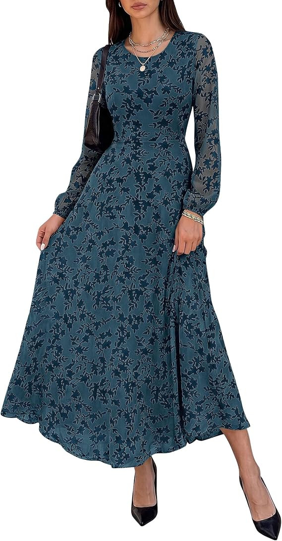 BTFBM Fall Wedding Guest Dress for Women Formal Floral Maxi Dresses | Long Sleeve,Crew Neck,Flora... | Amazon (US)