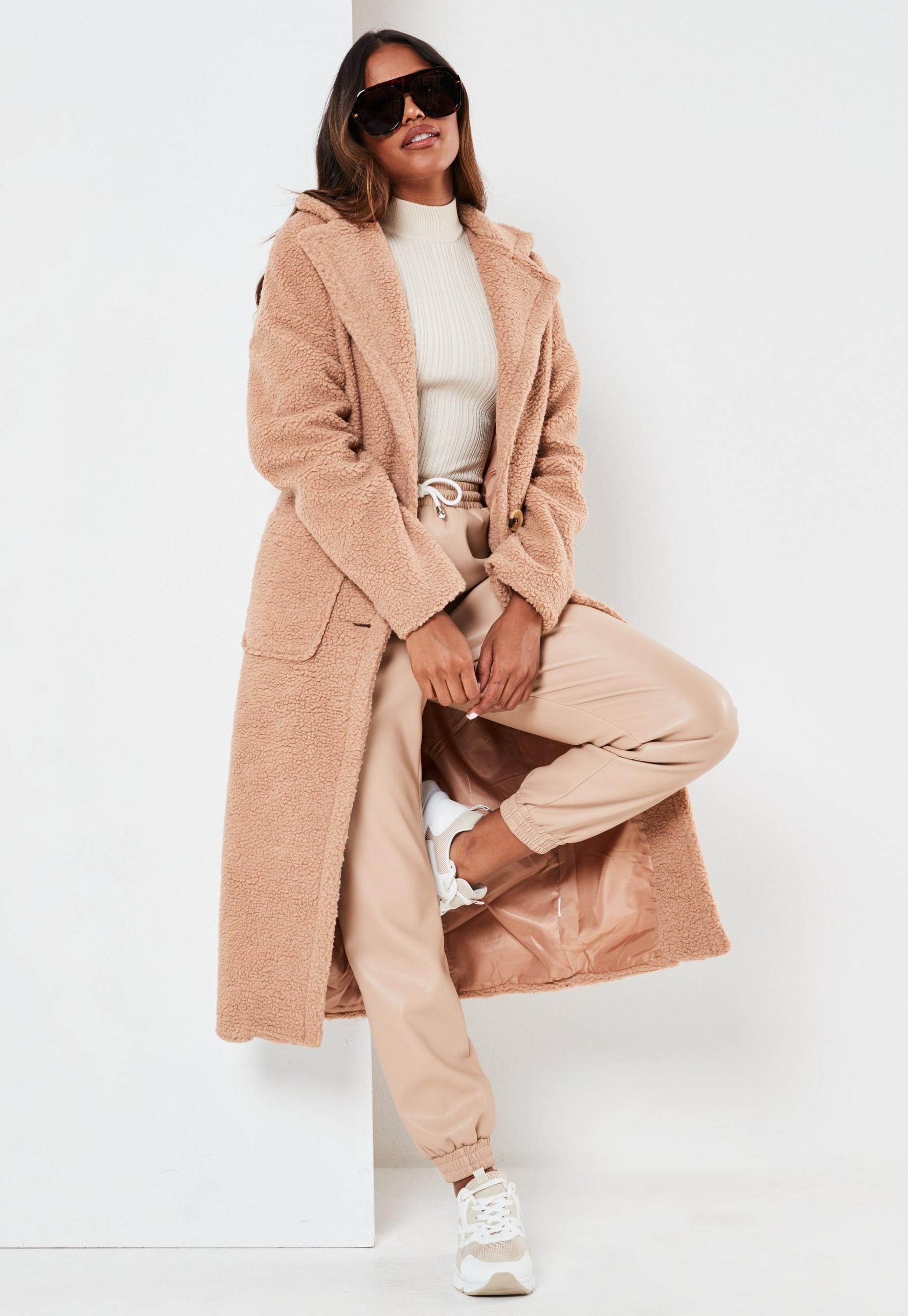 Tall Brown Borg Teddy Patch Pocket Coat | Missguided (US & CA)