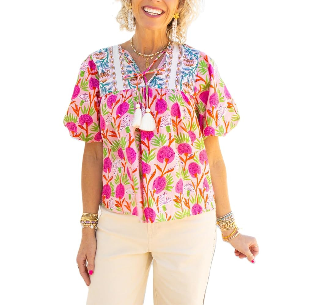 Y2k Women Boho Floral Blouse Puff Short Sleeve V Neck Vintage Flower Print Patchwork Shirt Going ... | Amazon (US)