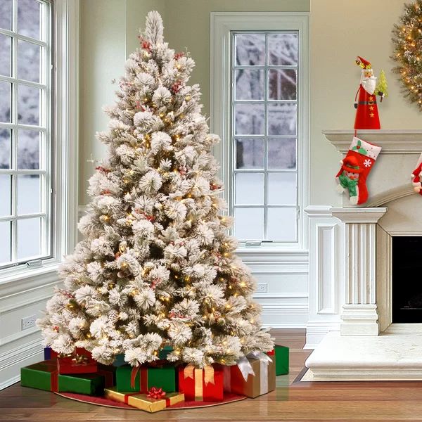 Snowy 7.5' Frosted Green Pine Artificial Christmas Tree with 700 Clear/White Lights | Wayfair North America
