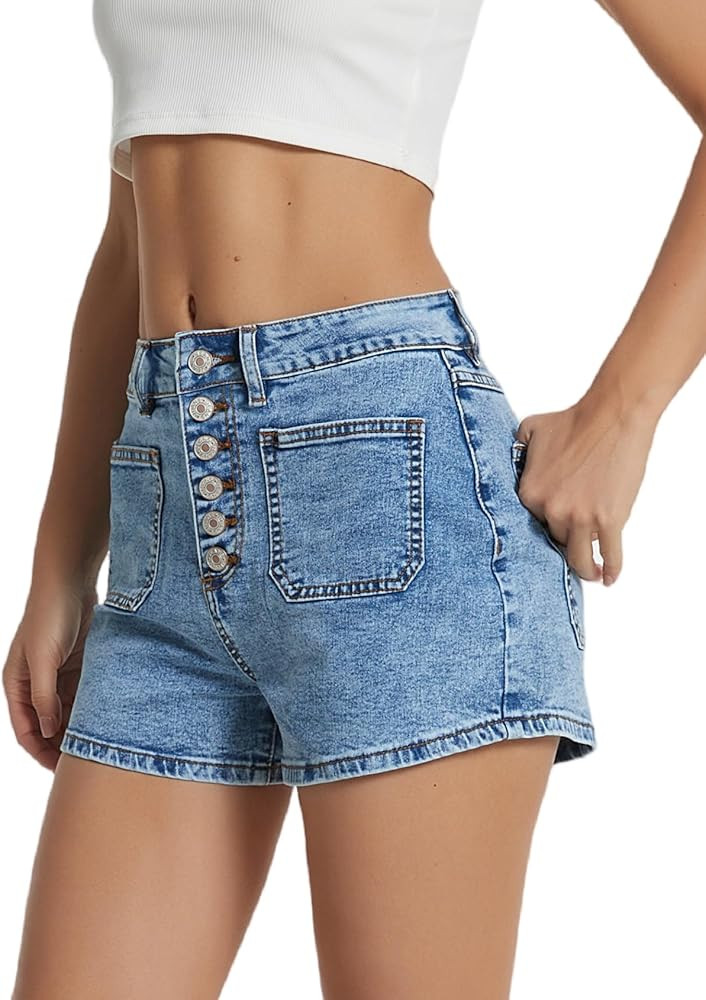 LifeShe Womens Jean Shorts Mid Waisted Stretchy Button Down Patch Pocket Denim Shorts | Amazon (US)