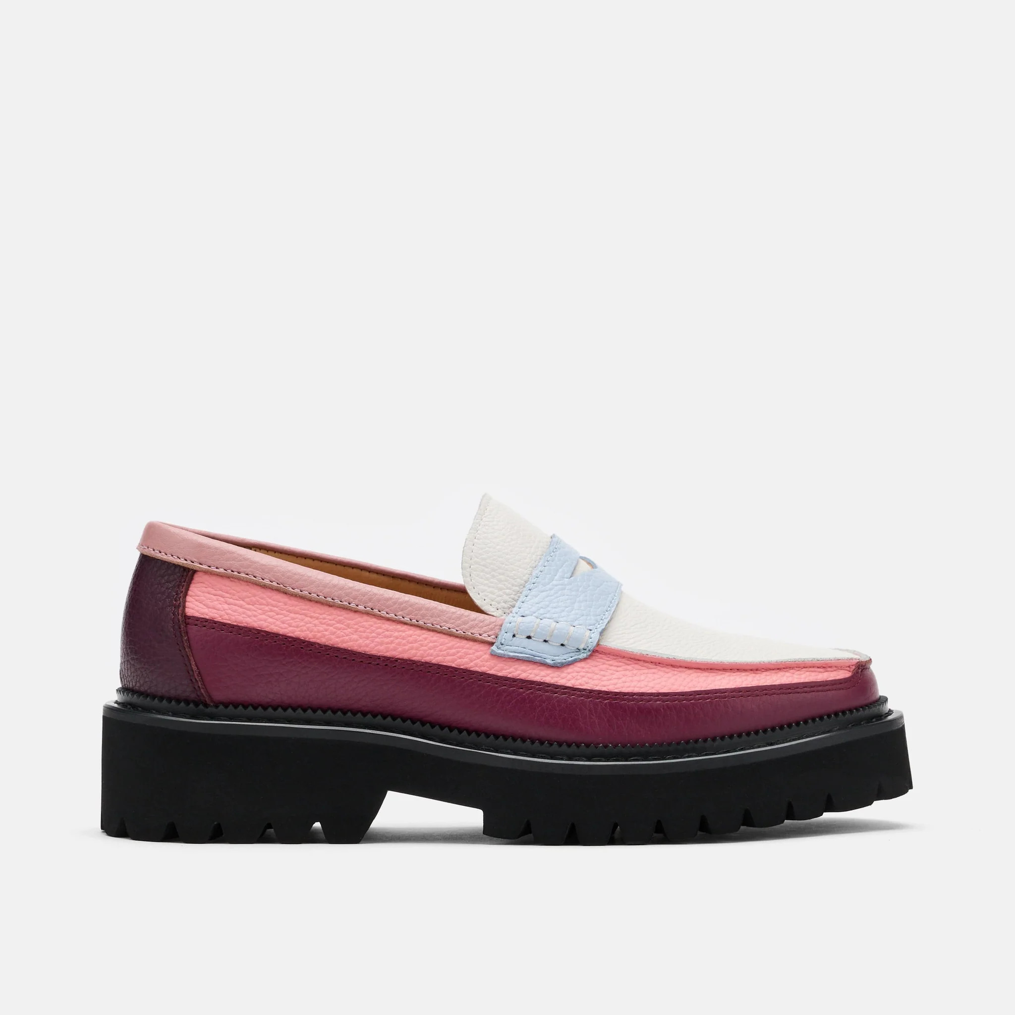 Ms. Adler Colorblock Pink/Burgundy/Blue Leather Lug Penny Loafers | Marc Nolan