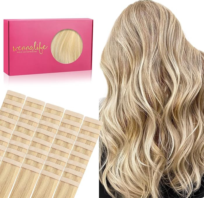 WENNALIFE Tape in Hair Extensions Human Hair, 40pcs 100g 20 inch Light Blonde Highlighted Golden ... | Amazon (US)