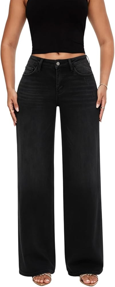 ONESO Mid-Low Rise Baggy Jeans Wide Leg for Women Distressed Pants Stretchy Bottom Lady Basic Com... | Amazon (US)