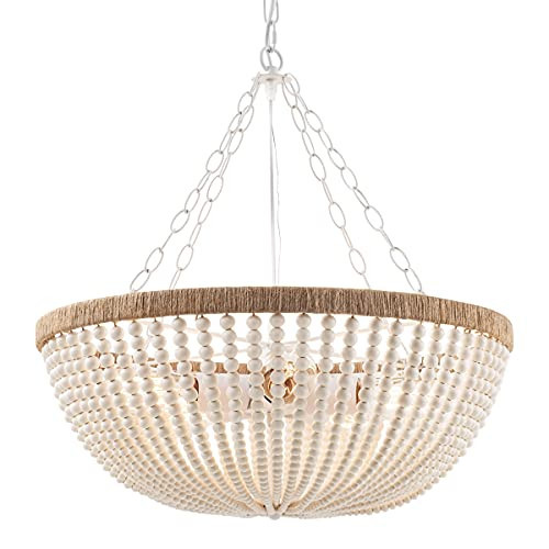 ELYCCUPA 5 Lights Bohemia Wood Beaded Chandelier Farmhouse Antique Rustic Pendant Light for Bedroom Kitchen Island Dining Living Room, White, Dia 22 Inch | Amazon (US)
