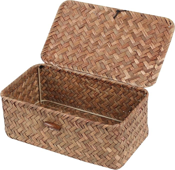 FEIALNDUO Wicker Shelf Baskets with Lid,Seagrass Storage Basket Bins Rectangular Handwoven Basket... | Amazon (US)
