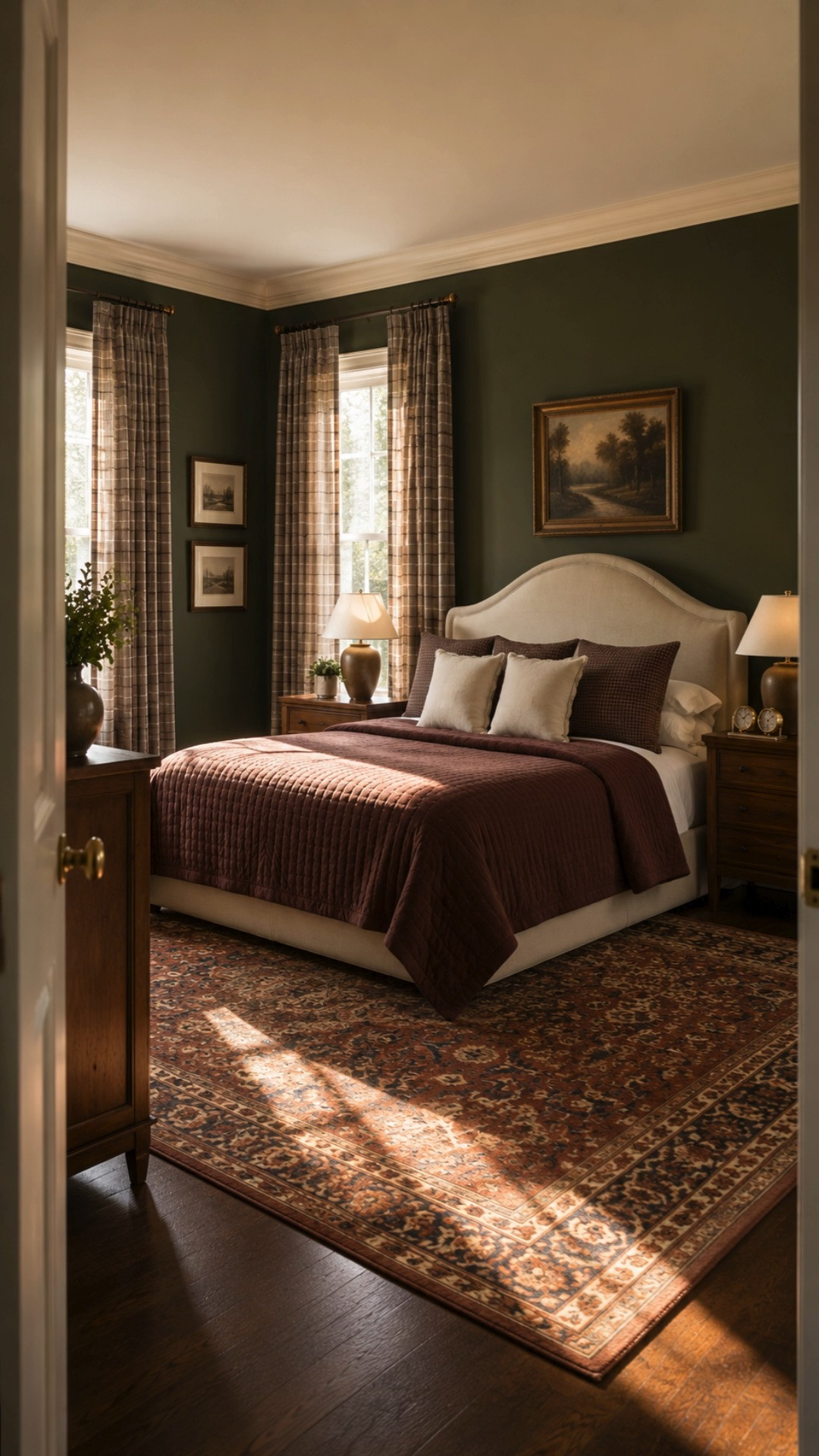 A collected moody heritage bedroom designed with olive green walls, layered plum bedding, vintage inspired rugs, and warm walnut tones for a cozy timeless atmosphere. This space blends traditional elegance with English cottage warmth using rich textures, soft lighting, and curated classic decor.

Perfect for:
• collected traditional interiors
• moody cottage bedroom
• warm heritage bedroom
• olive green wall inspiration
• plum bedroom decor
• vintage inspired rugs
• cozy elegant interiors
• warm layered bedroom styling
• English cottage bedroom ideas
• romantic traditional decor
• dark cozy interiors
• classic bedroom inspiration
• warm luxury home decor
• timeless traditional bedroom
• curated cozy spaces
• heritage home inspiration
• elegant moody decor
• vintage style home styling
• layered neutral interiors
• designer inspired bedroom decor 

 #LTKHome