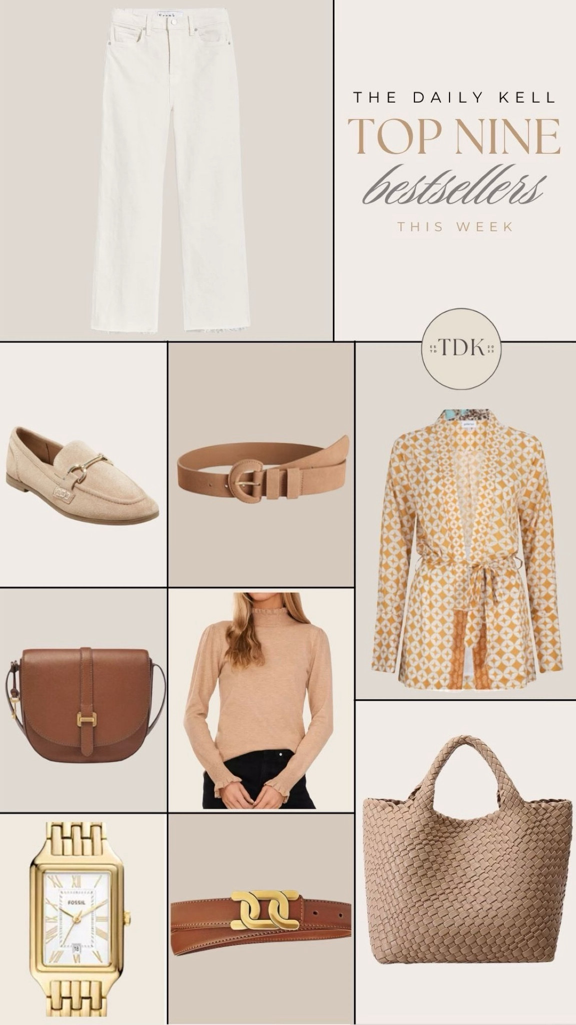 This week’s bestsellers.  

Frank and Eileen jeans, suede loafers, suede belt, crossbody satchel handbag, bathing suit / beach coverup, ruffled sweater, gold designer like watch, designer inspired belt, basket weave tote bag  

#LTKSeasonal #LTKMostLoved #LTKover40
