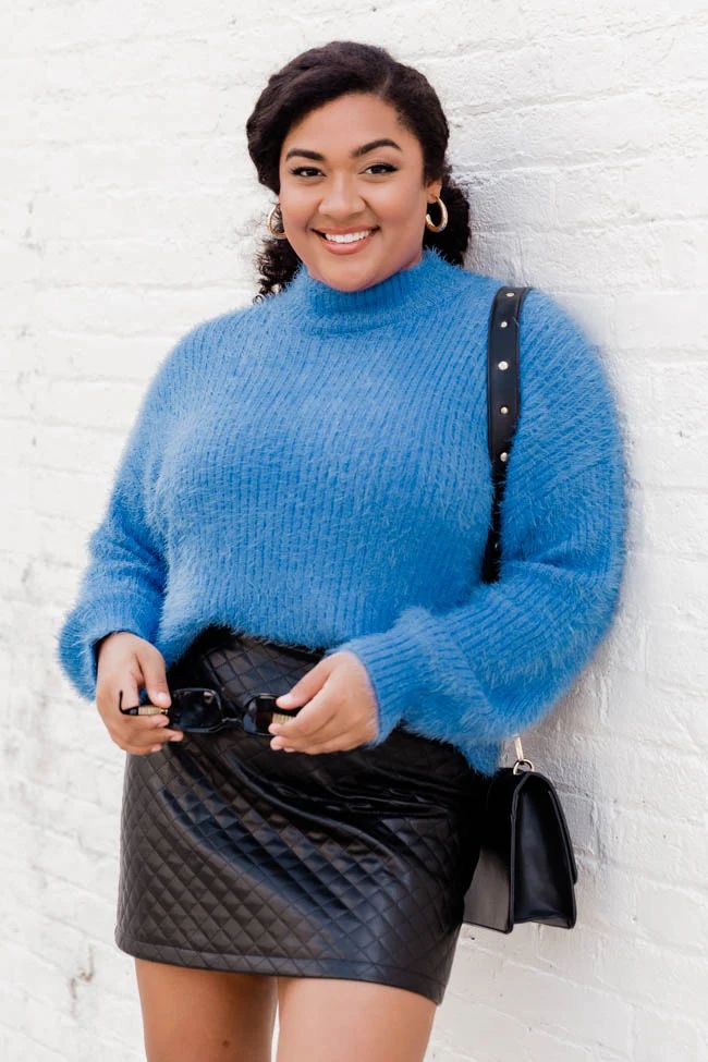 Oh So Perfect Blue Fuzzy Mock Neck Sweater | Pink Lily