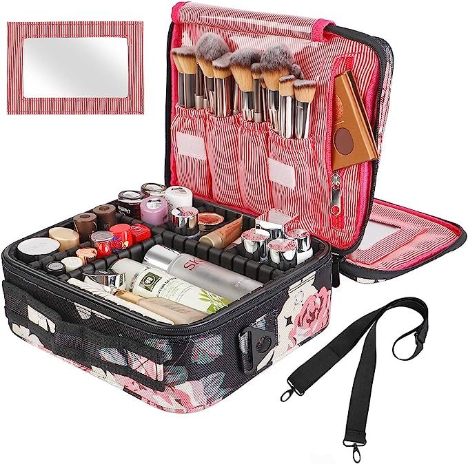 Kootek Travel Makeup Bag 2 Layer Portable Train Cosmetic Case Organizer with Mirror Shoulder Stra... | Amazon (US)