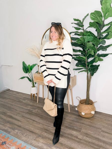 Striped turtleneck sweater, fall outfit ideas, fall outfit inspo, Amazon fashion, Amazon finds, midsize style, midsize outfit, size 14, faux leather leggings

#LTKmidsize #LTKfindsunder100