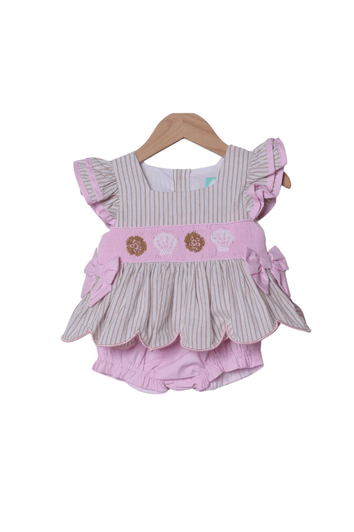Smocked Sea Shells Pink/Khaki Stripe Bloomer Set | The Smocked Flamingo